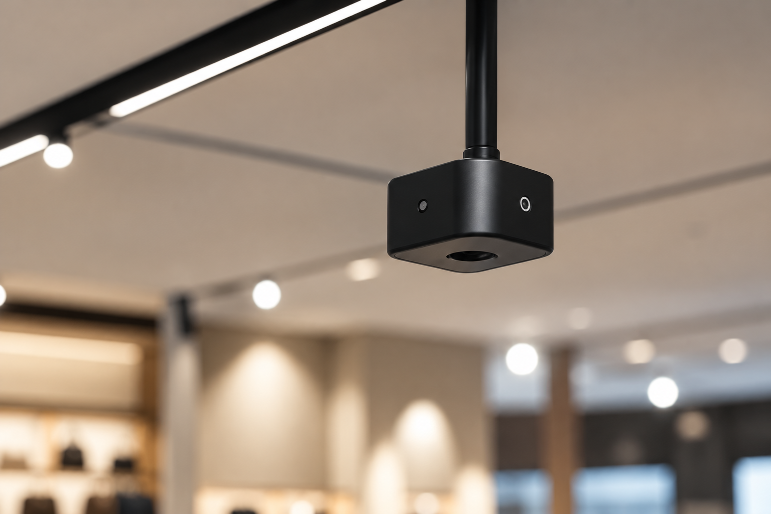Sensor de medición negro suspendido del techo en un espacio retail