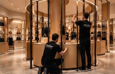 Instaladores de El Atelier montando un espacio retail